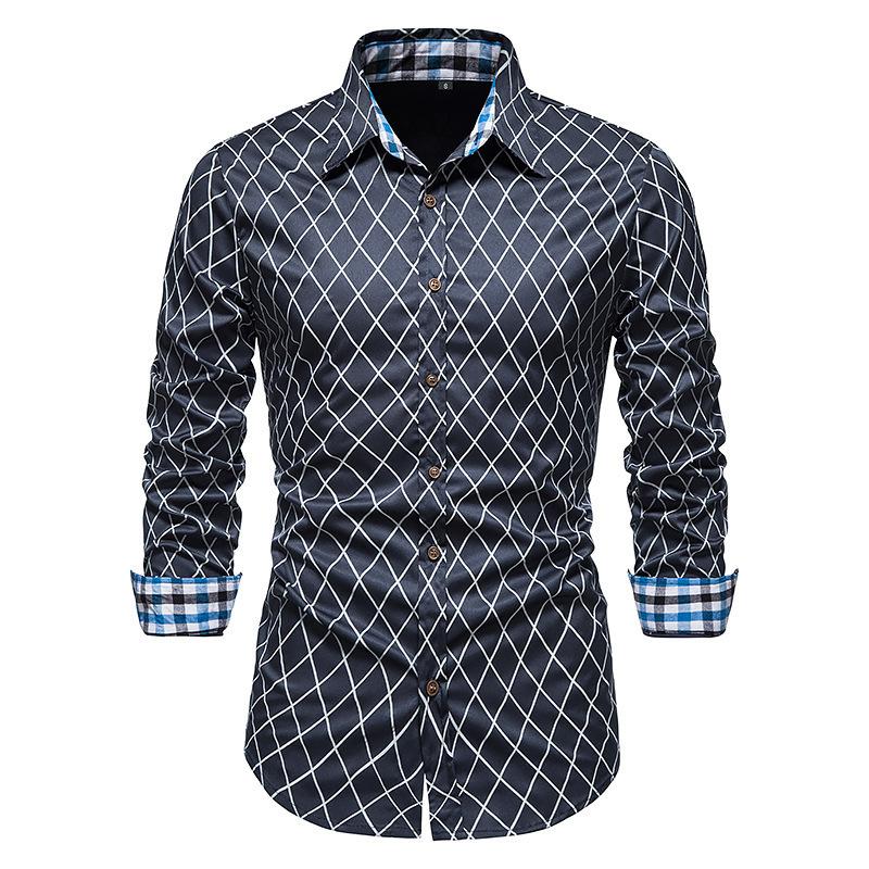 Mens Vintage Plaid Lapel Long Sleeve Shirt 90549321Y