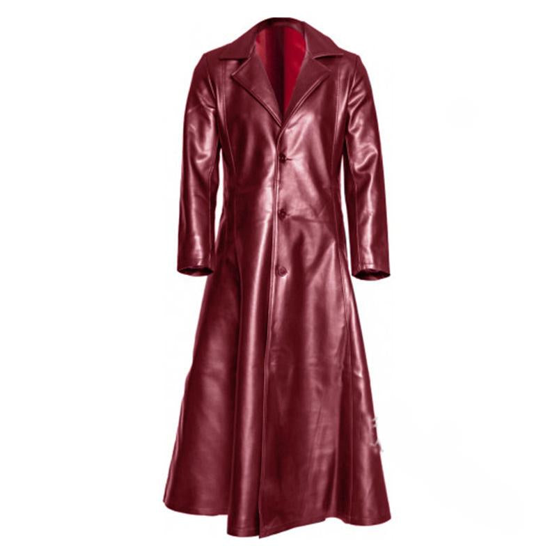 Mens Solid Lapel Skinny Button Leather Coat 20213788X