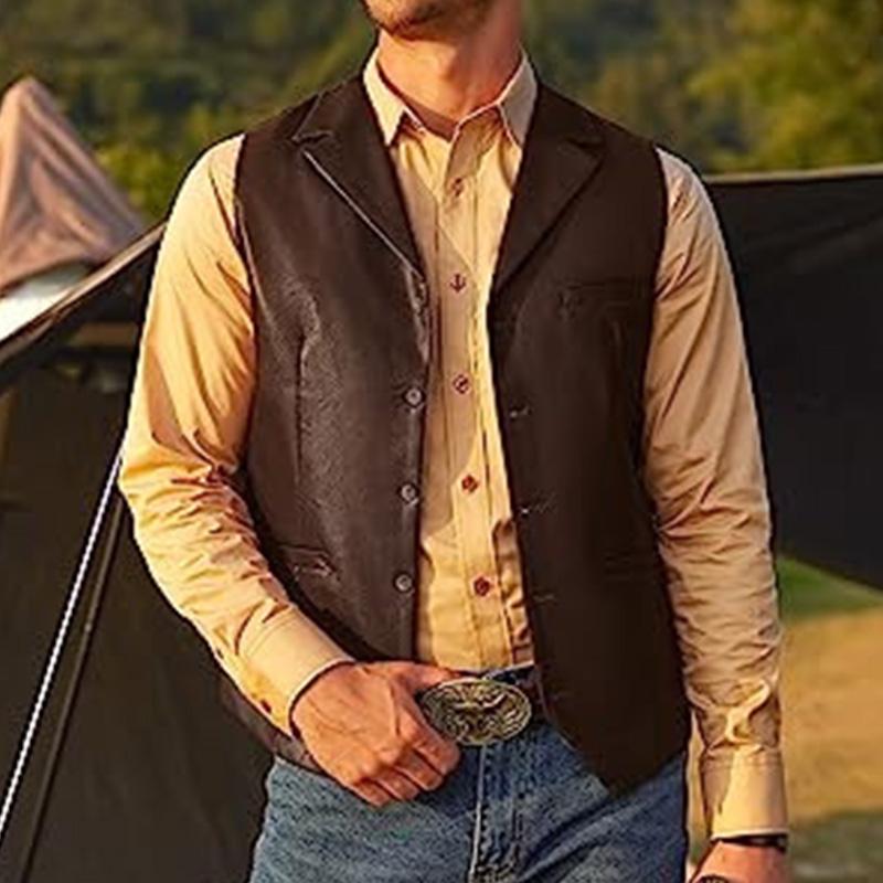 Mens Vintage V Neck Slim Single Breasted Leather Vest 90958464M