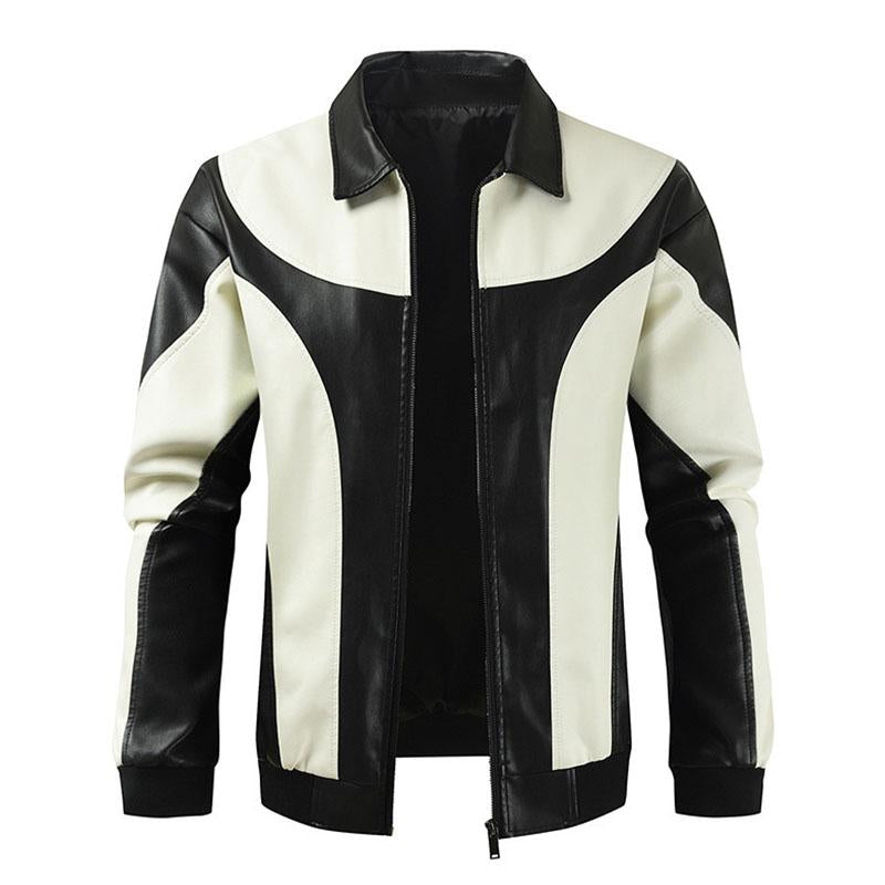 Mens Stylish Colorblock Pathcwork Lapel Leather Motorcycle Jacket 84370903M
