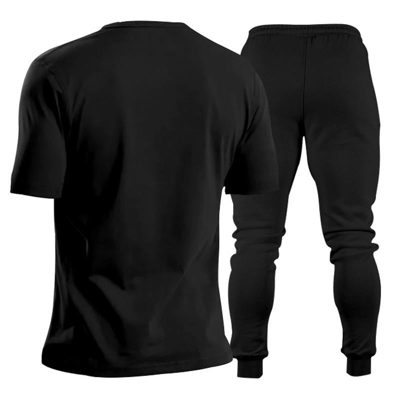 Mens Solid Color V-neck Short-sleeved Trousers Sports Two-piece Set 83772586X