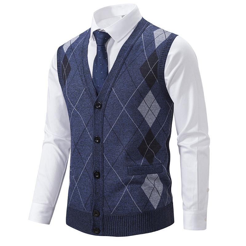 Mens Retro Rhombus Lattice Single Breasted Knit Vest 82510289Z