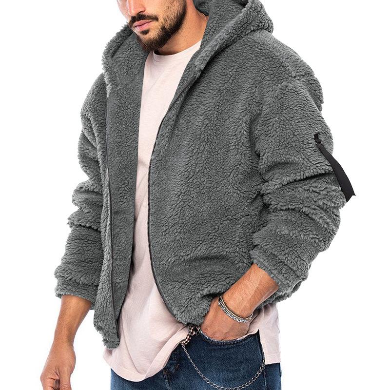 Mens Casual Fleece Warm Hooded Solid Color Long Sleeve Jacket 31885749M