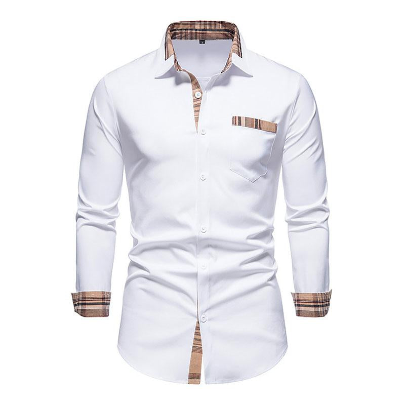 Mens Casual Colorblock Plaid Patchwork Lapel Long-Sleeved Shirt 44324703M