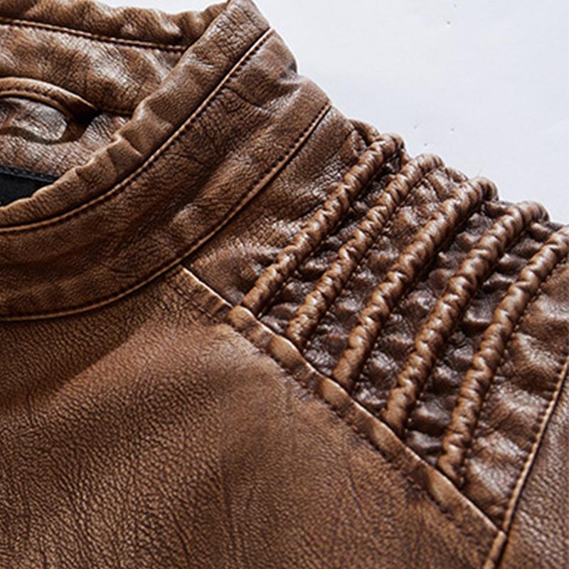 Mens Vintage Distressed Stand Collar Zippered Motorcycle Leather Jacket 12897652M