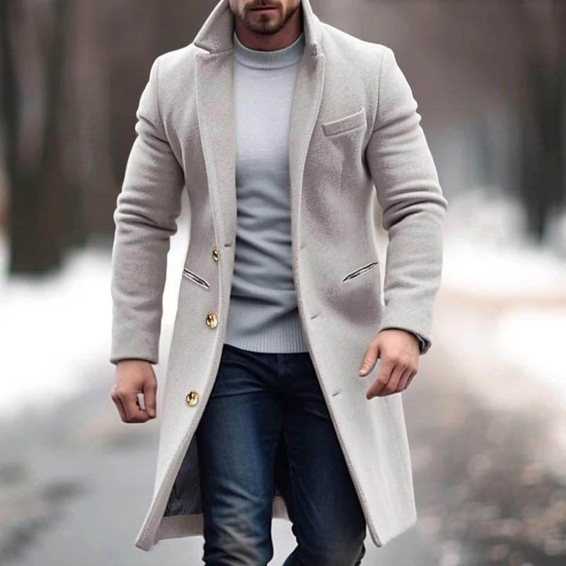 MenS Vintage Solid Color Long Woolen Single-Breasted Lapel Coat 42944296Y