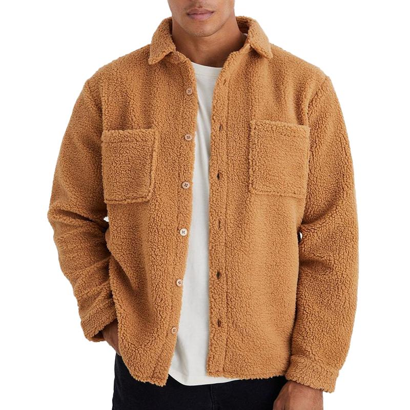 Mens Retro Solid Color Teddy Plush Loose Double Breast Pockets Lapel Jacket 77524583Y