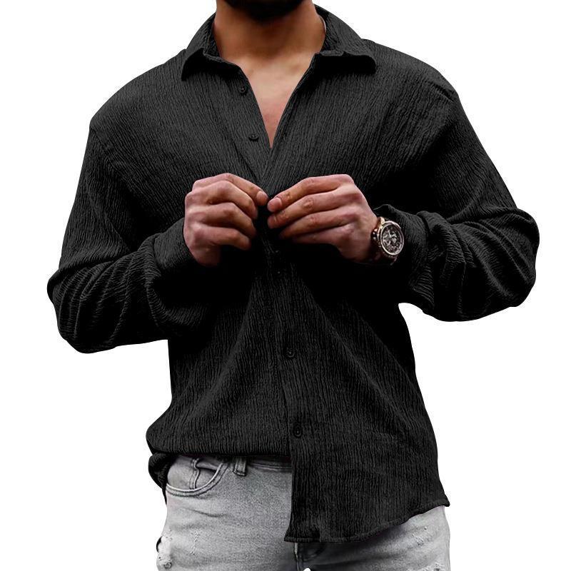Mens Solid Loose Linen Lapel Long Sleeve Shirt 01526129Z