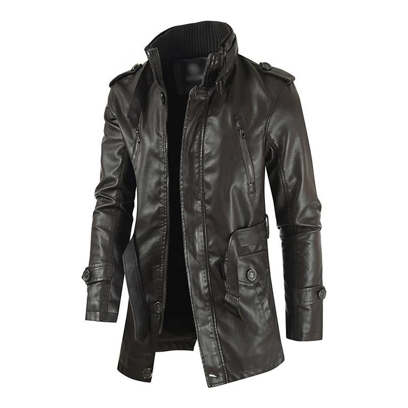 Mens Vintage Stand Collar Thickened Warm Mid-Length Zippered Leather Coat 59546013M