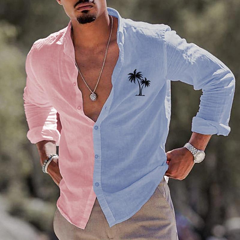 Mens Beach Casual Coconut Tree Print Color Block Long Sleeve Shirt 04276205Y
