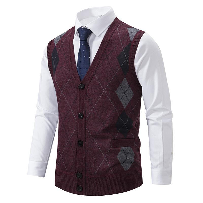 Mens Retro Rhombus Lattice Single Breasted Knit Vest 82510289Z