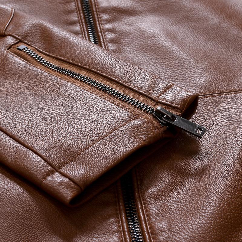 Mens Casual Solid Color Zipper Stand Collar Motorcycle Leather Jacket 91951708M
