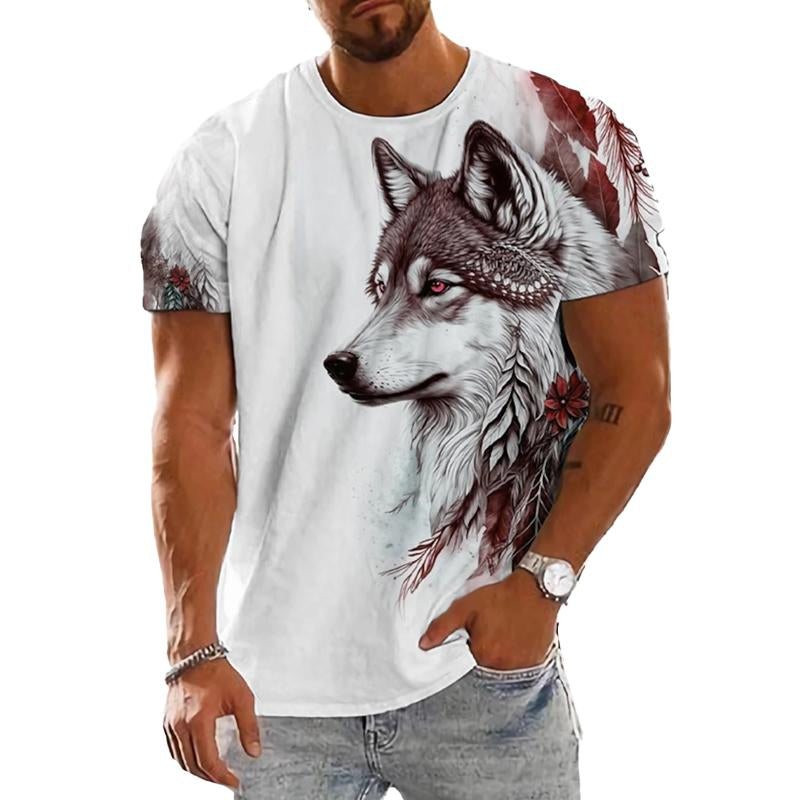 Mens Round Neck Wolf Head Print Short Sleeve T-Shirt 87507842X