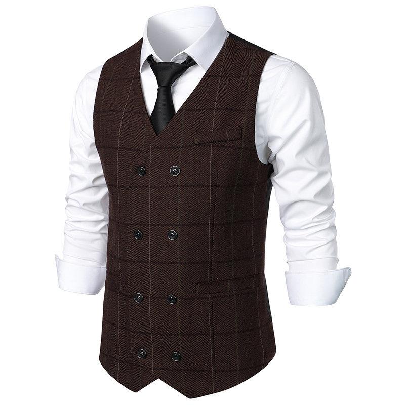 Mens Vintage Plaid V Neck Double Breasted Suit Vest 70463888Z
