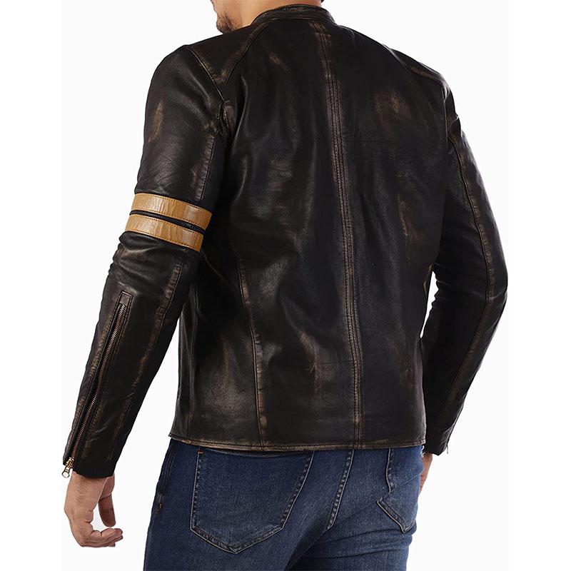 Mens Vintage Distressed Stand Collar Contrast Stitching Leather Jacket 22822210M
