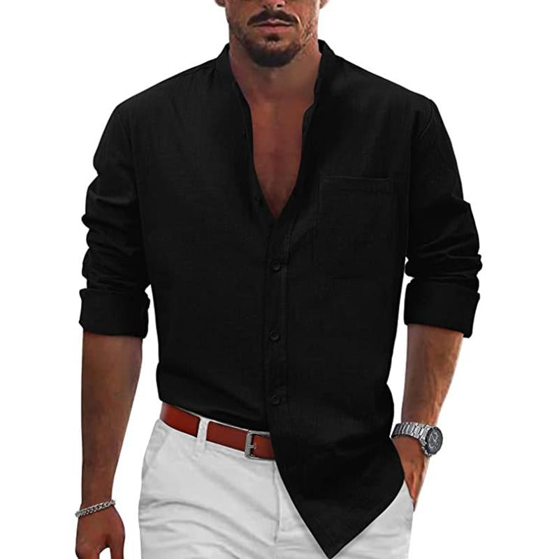 Mens Casual Solid Color Stand Collar Slim Cotton Linen Long Sleeve Shirt 71104955M