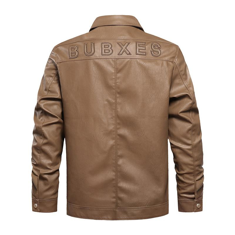 Mens Casual Back Letter Embroidery Lapel Leather Jacket 76017692Y