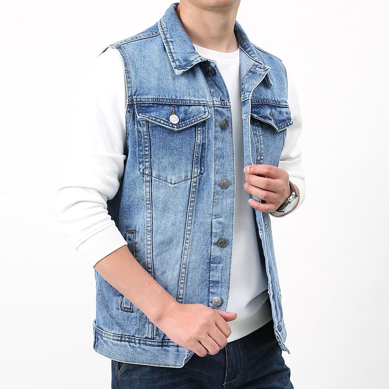 Mens Vintage Wash Lapel Single Breasted Multi Pocket Denim Vest 50562057M