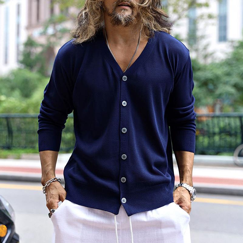 Mens Vintage Solid Color Long Sleeve Collarless Thin Cardigan 37933217Y