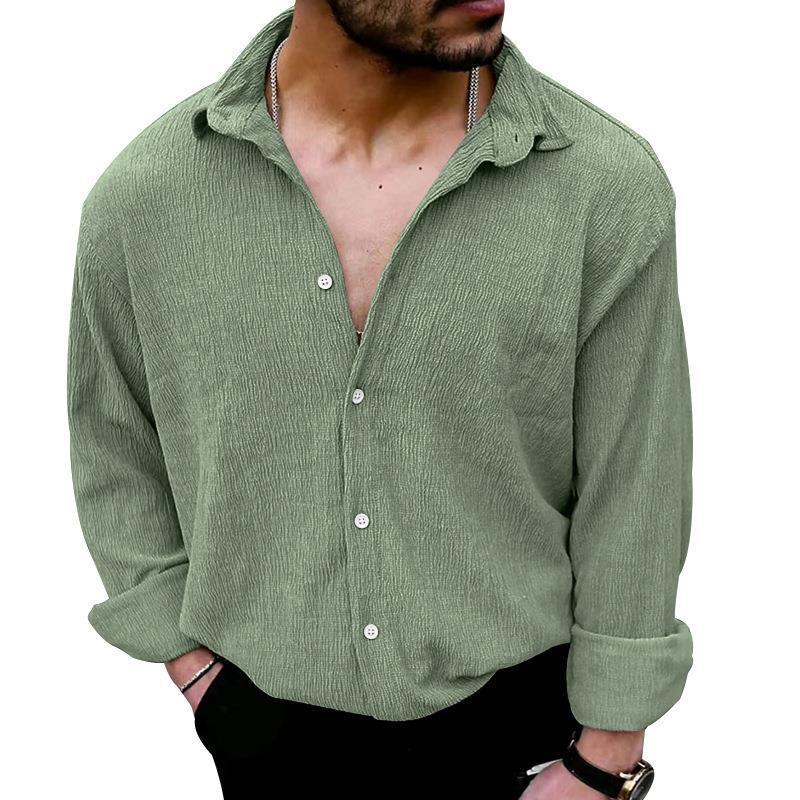 Mens Solid Loose Linen Lapel Long Sleeve Shirt 20359085Z