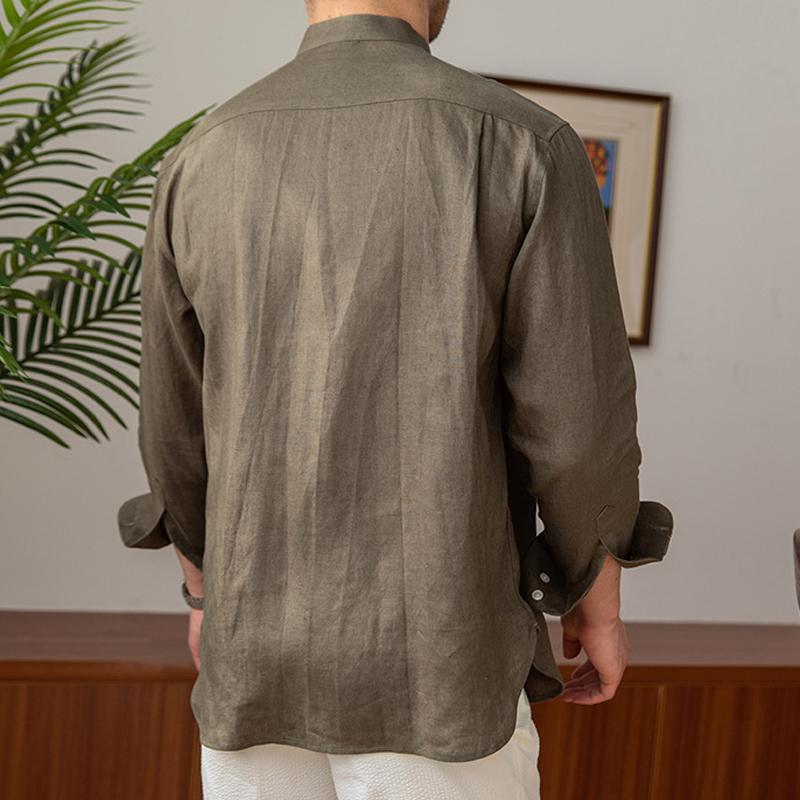 Mens Casual Solid Color Linen Stand Collar Long Sleeve Shirt 05228420Y