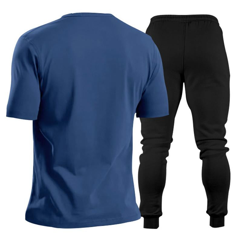 Mens Solid Color V-neck Short-sleeved Trousers Sports Two-piece Set 83772586X