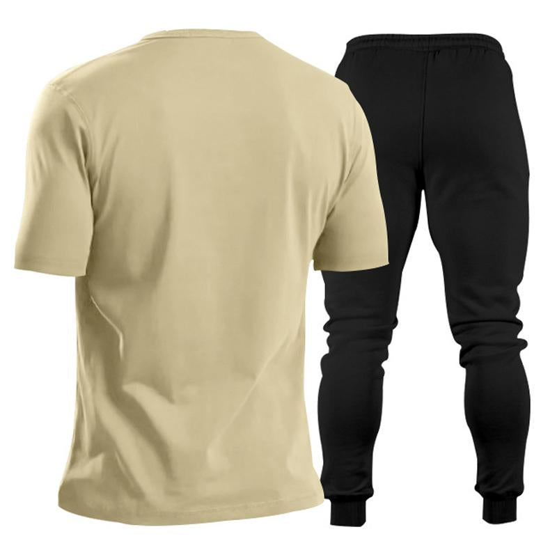 Mens Solid Color V-neck Short-sleeved Trousers Sports Two-piece Set 83772586X