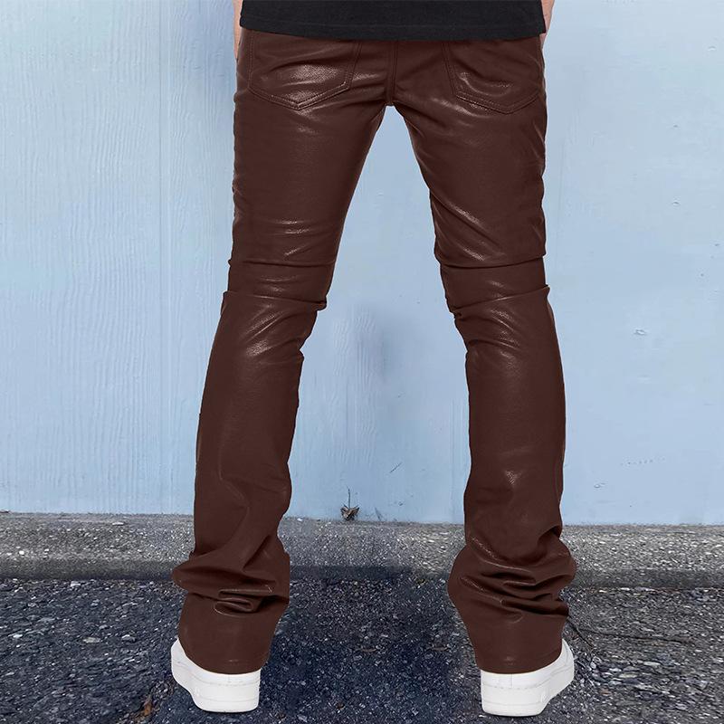 Mens Vintage Solid Color Mid-Rise Loose Thin Leather Pants 74802851M