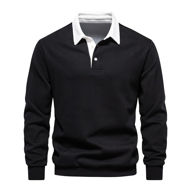 Mens Casual Color Contrasting Lapel Loose Long Sleeve Polo Shirt 72890642M