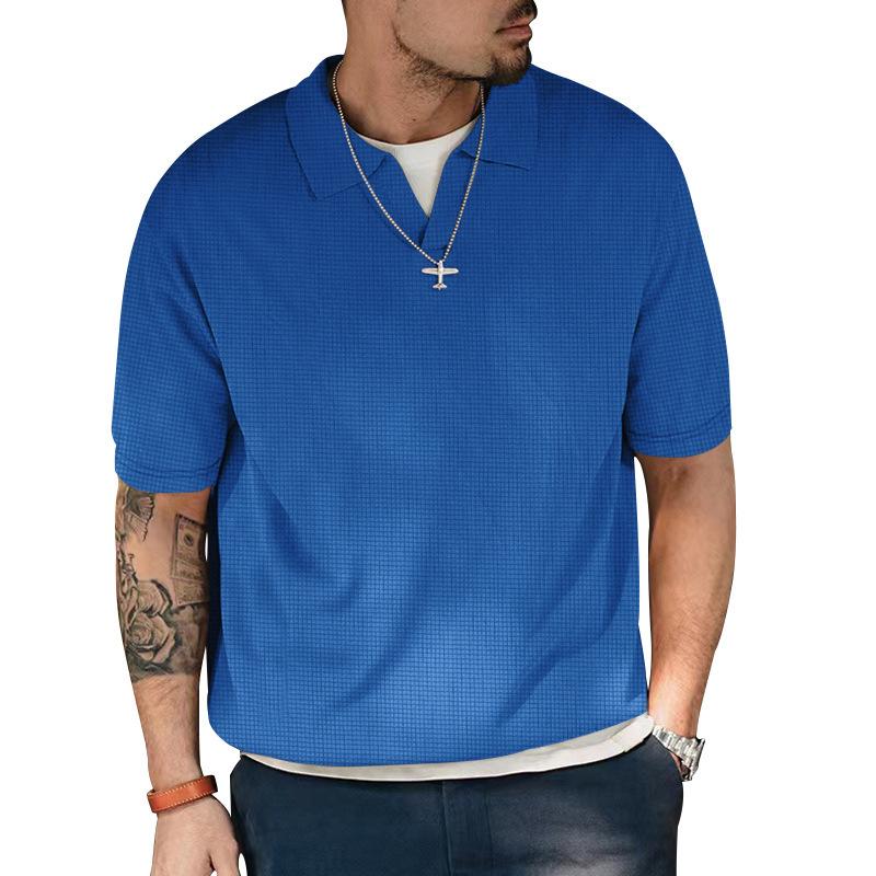 Mens Solid Lapel Waffle Short Sleeve Loose Casual Polo Shirt 94313755Z