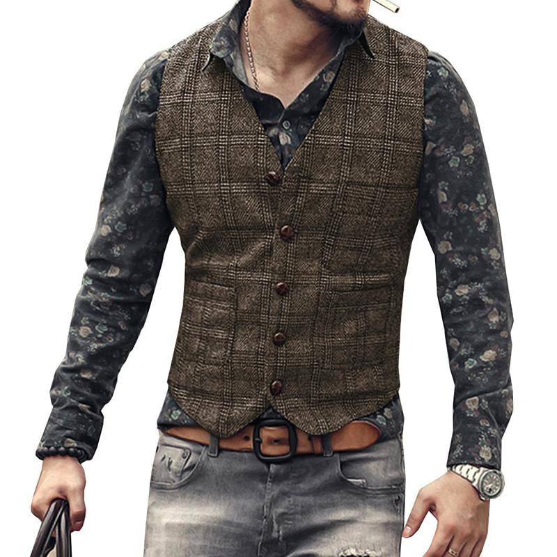 Mens Vintage V-Neck Single-Breasted Plaid Slim Fit Suit Vest 43635540M