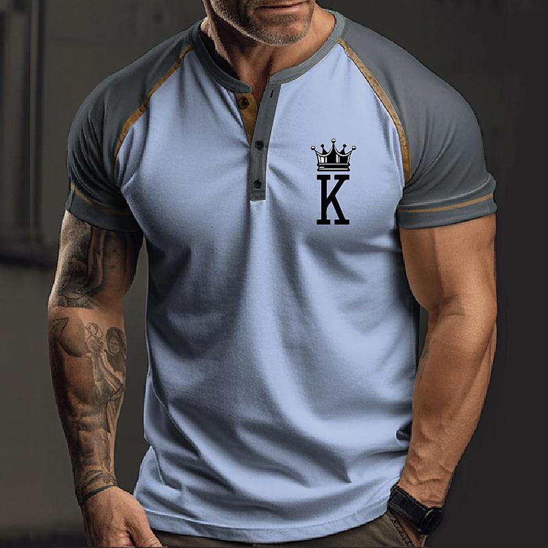 Mens Casual Letter Print Colorblock Henley Collar Short Sleeve T-Shirt 19858989Y