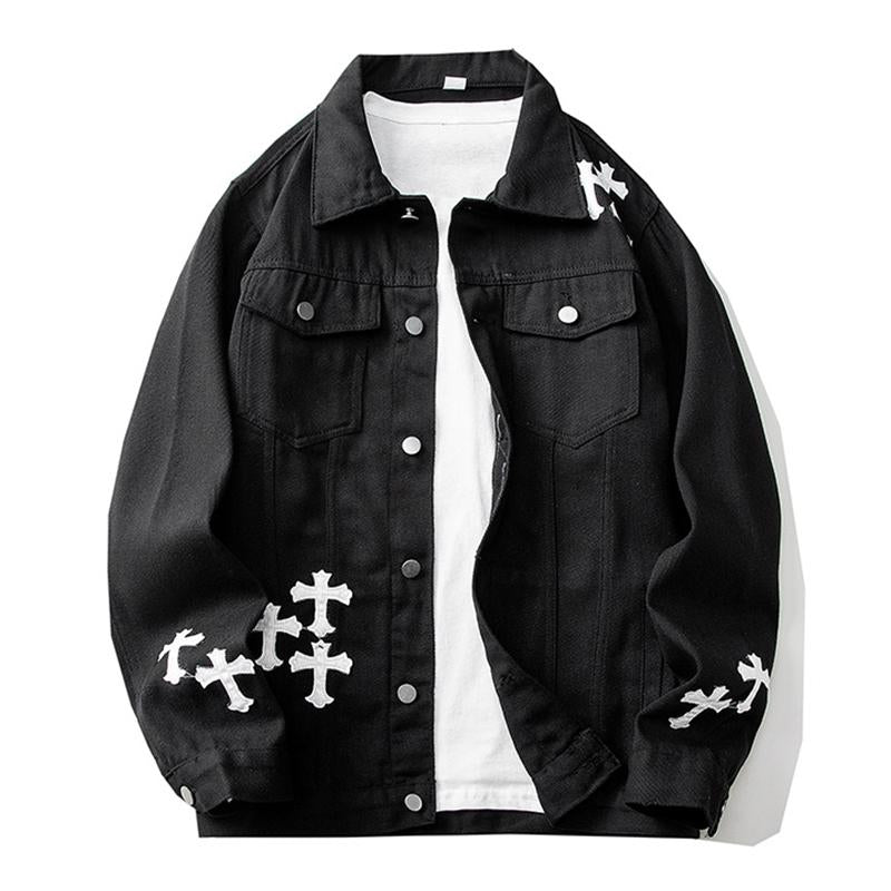 Mens Fashion Cross Patch Lapel Single Breasted Denim Jacket 84136194M