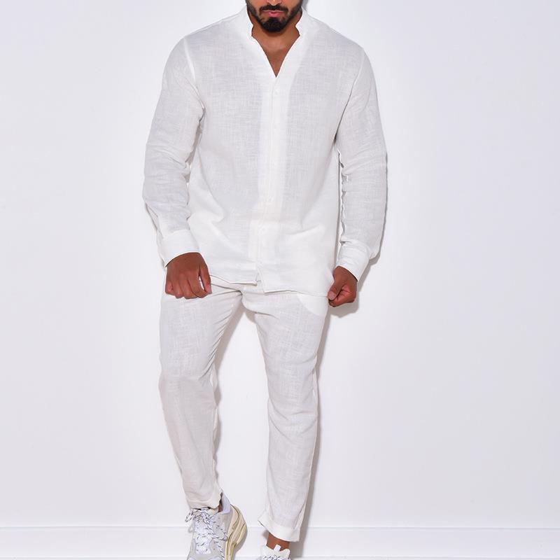 Mens Solid Loose Linen Stand Collar Long Sleeve Shirt Trousers Set 87851380Z