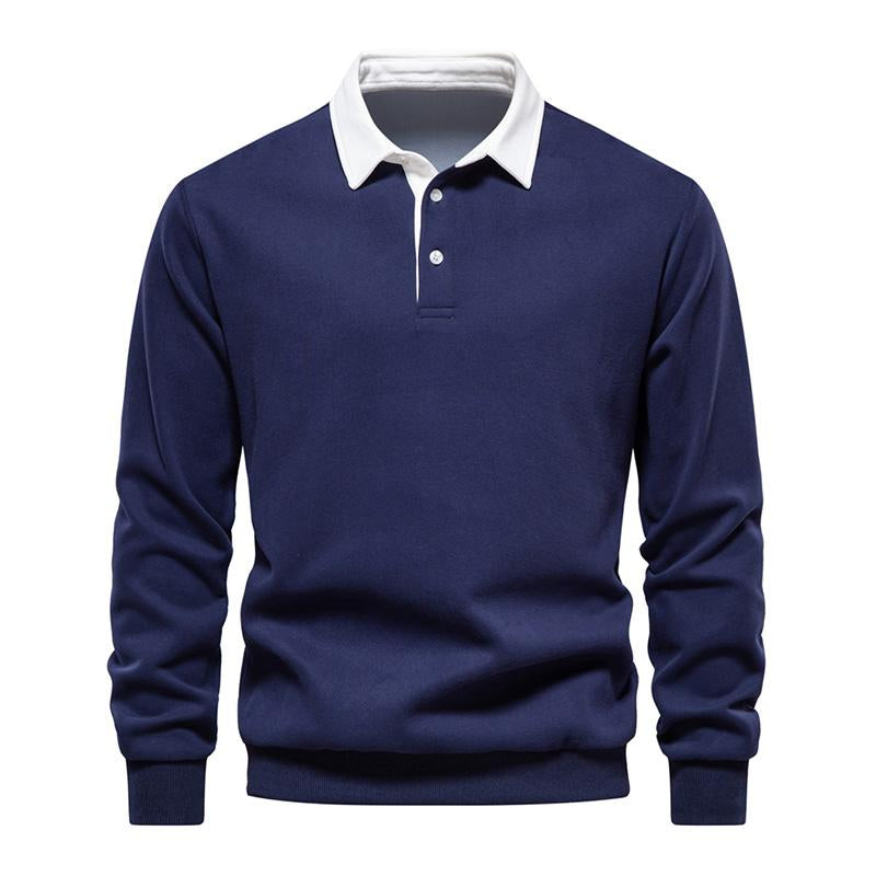 Mens Casual Color Contrasting Lapel Loose Long Sleeve Polo Shirt 72890642M