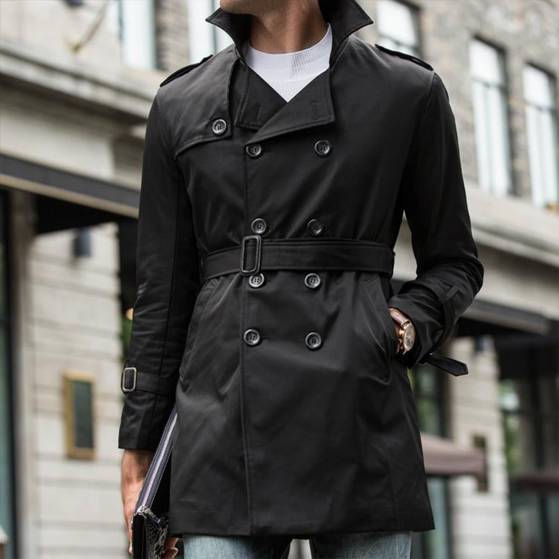Mens British Style Mid-Length Slim Belted Lapel Double-Breasted Trench Coat 12290371M