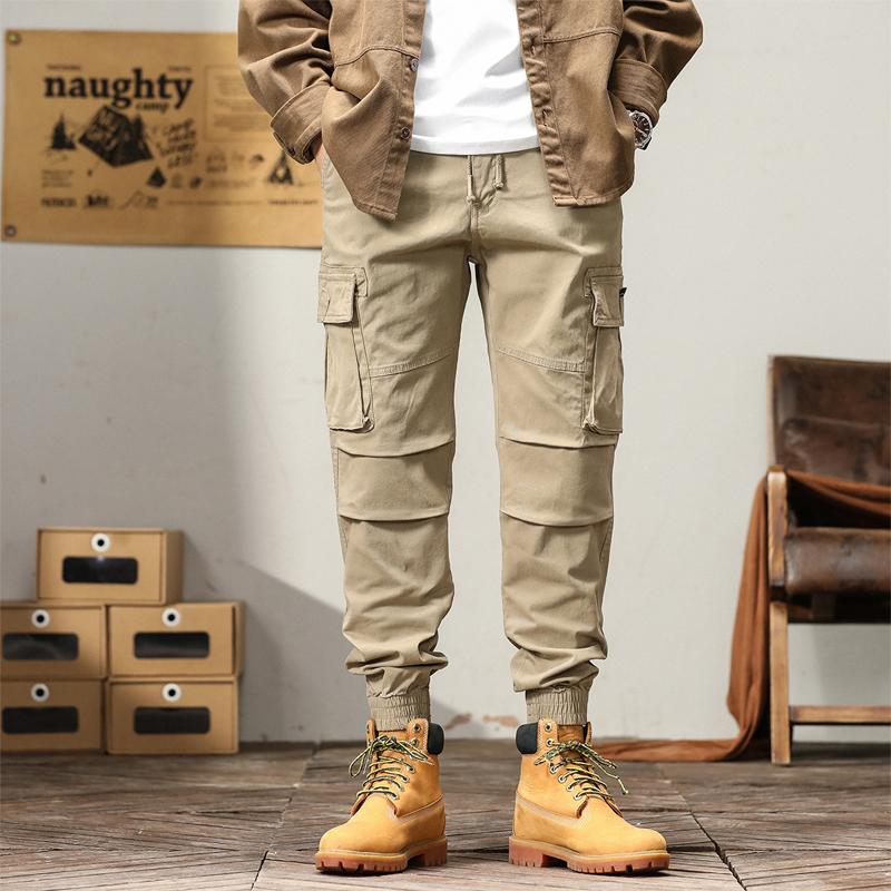 Mens Solid Color Multi-Pocket Elastic Cargo Pants 57353581X