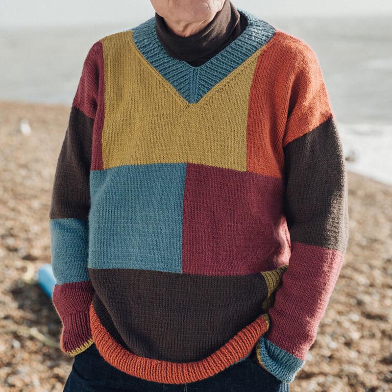 Mens Casual Contrast Color V-Neck Long Sleeve Knitted Pullover Sweater 99384633M