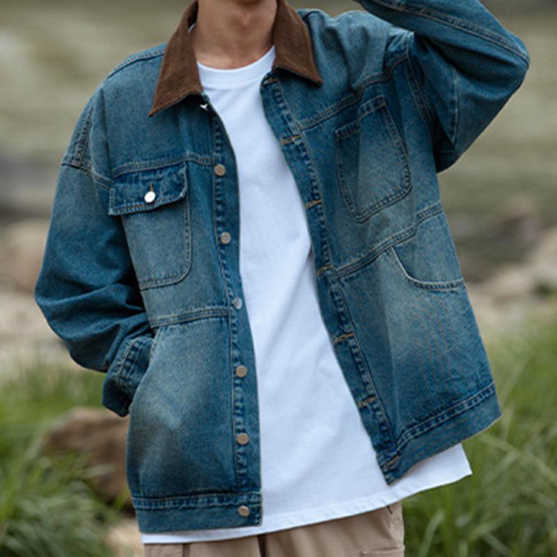 Mens Vintage Distressed Loose Corduroy Stitching Lapel Multi Pocket Denim Jacket 10790828M