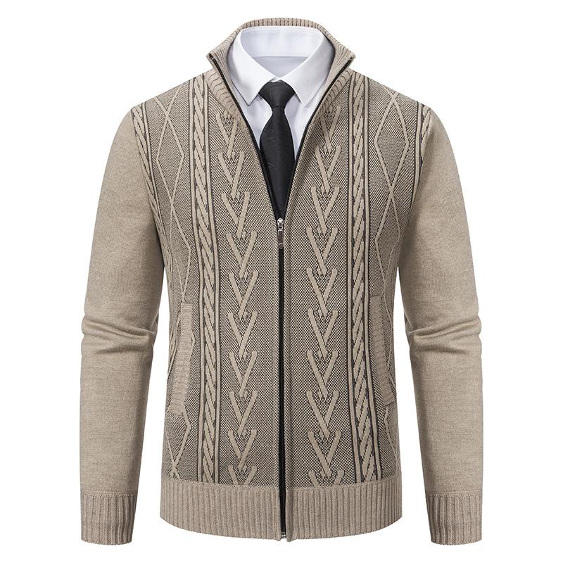 Mens Stand Collar Jacquard Thickened Casual Knitted Jacket 58330673X