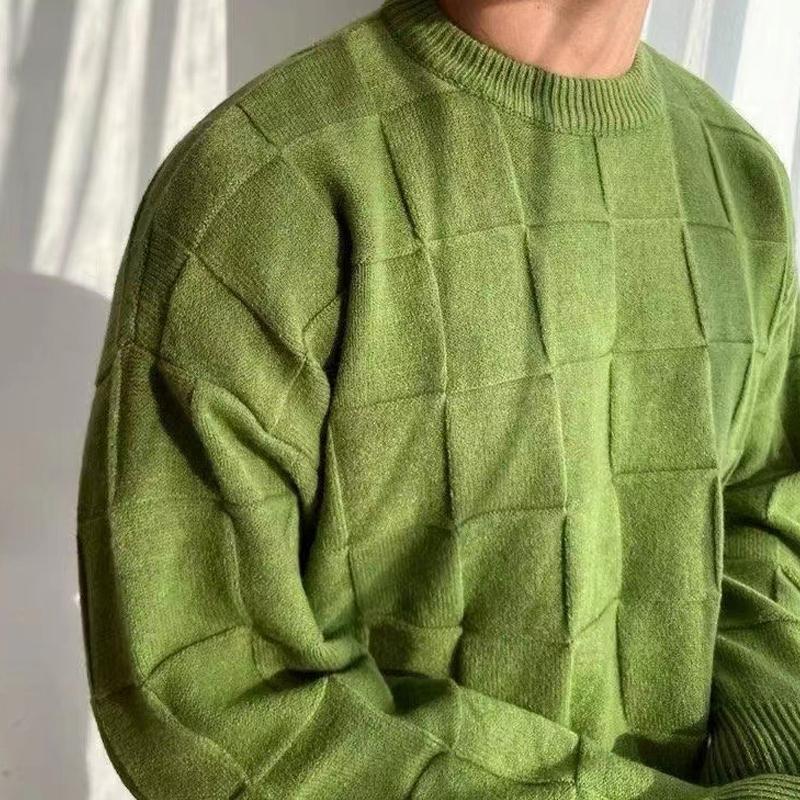 Mens Solid Color Plaid Crew Neck Knitted Sweater 94387043X