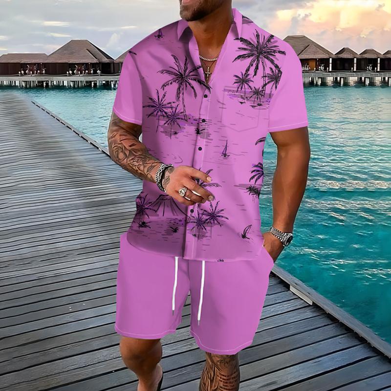 Mens Coconut Print Lapel Button Shirt Short Sleeve Board Shorts Set 98328277X