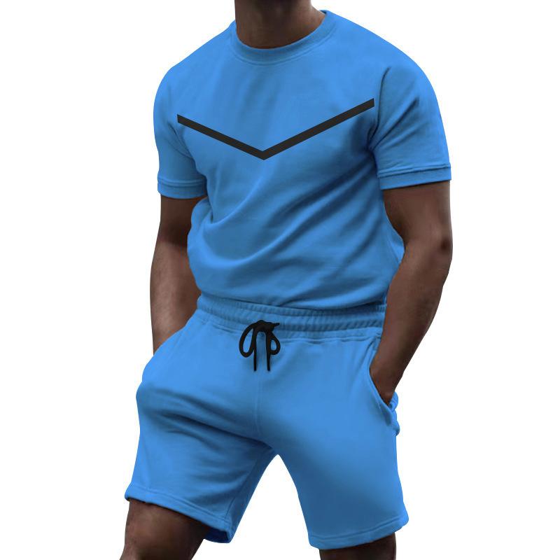 Mens Sports Solid Color Round Neck T-Shirt Short Sleeve Shorts Set 53183310Y