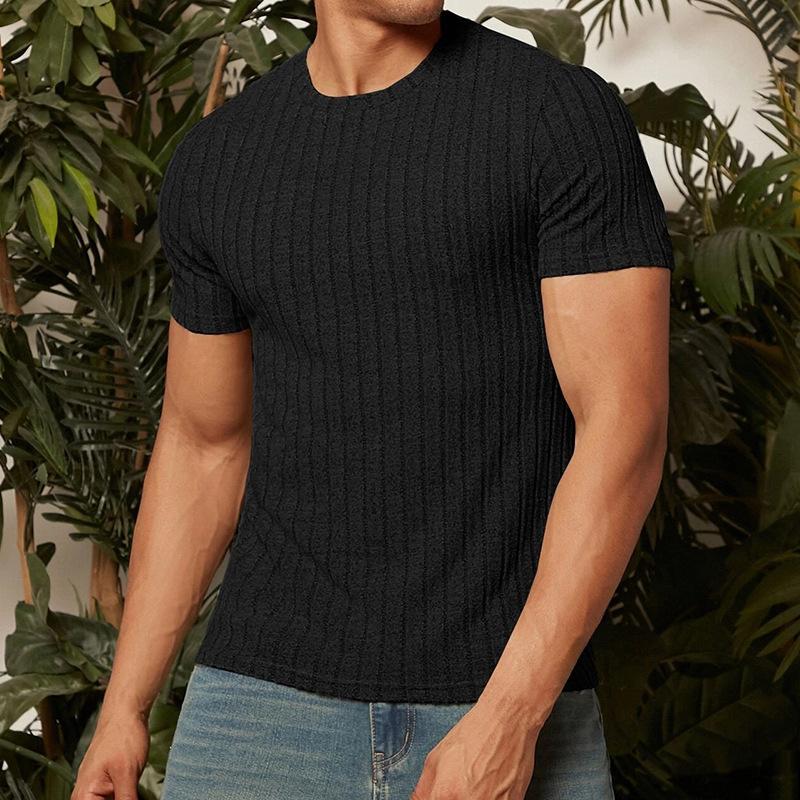 Mens Solid Striped Round Neck Short Sleeve T-shirt 94410674Z