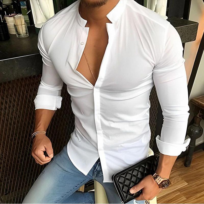 Mens Casual Fashion Solid Color Stand Collar Long Sleeve Shirt 79136189X