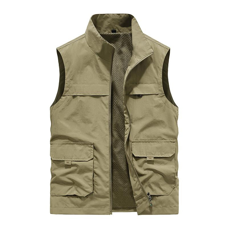 Mens Casual Stand Collar Zipper Multi-Pockets Quick-dry Workwear Vest 69045430M