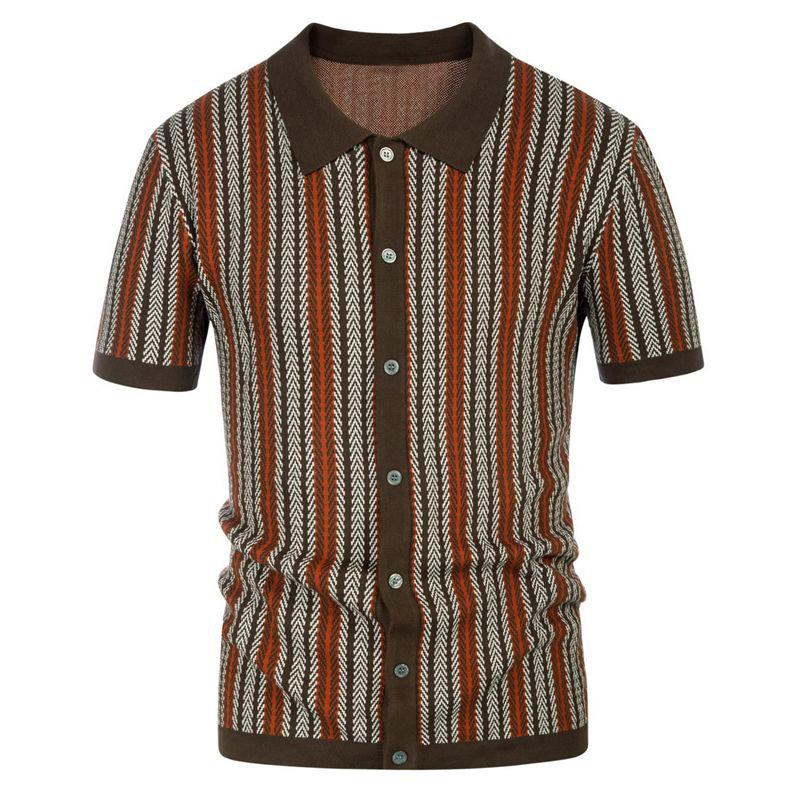 Mens Knit Striped Jacquard Business Short Sleeve Polo Shirt 51796633Y