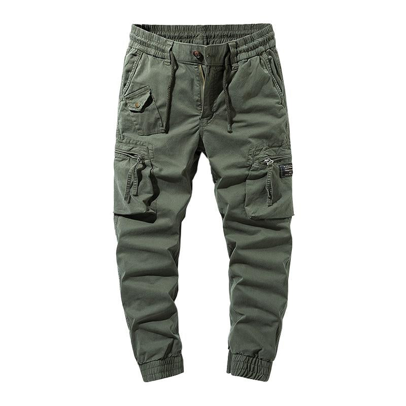 Mens Casual Solid Color Elastic Waist Multi-Pocket Cotton Cargo Pants 76185960M
