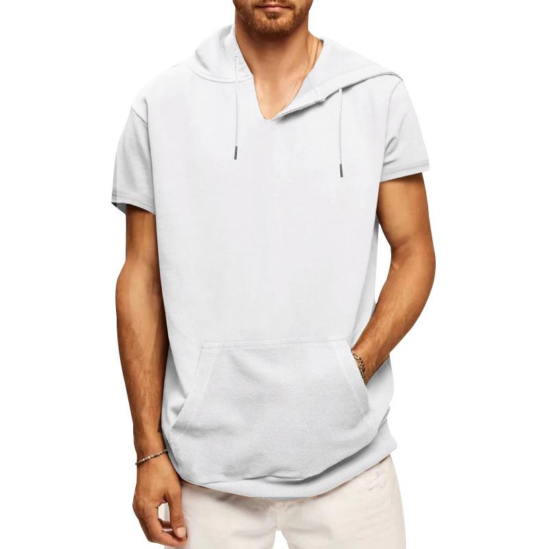 Mens Sports Casual Solid Color Hooded Short Sleeve T-Shirt 67117585Y