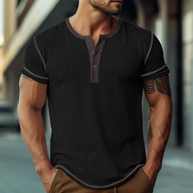 Mens Waffle Henley Collar Color Block Short Sleeves T-shirt 47068701Y